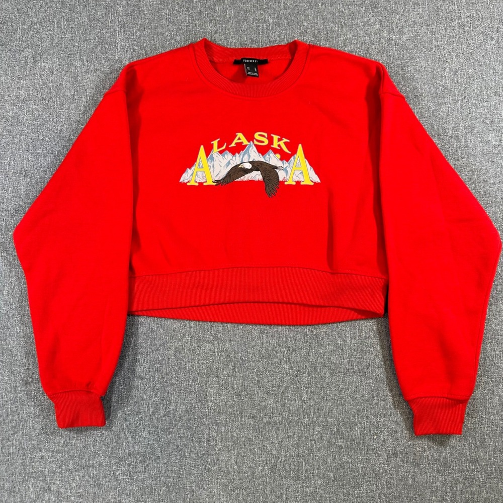 Forever 21 Womens Alaska Eagle Graphic Cropped Sweatshirt Red Size M Pullover